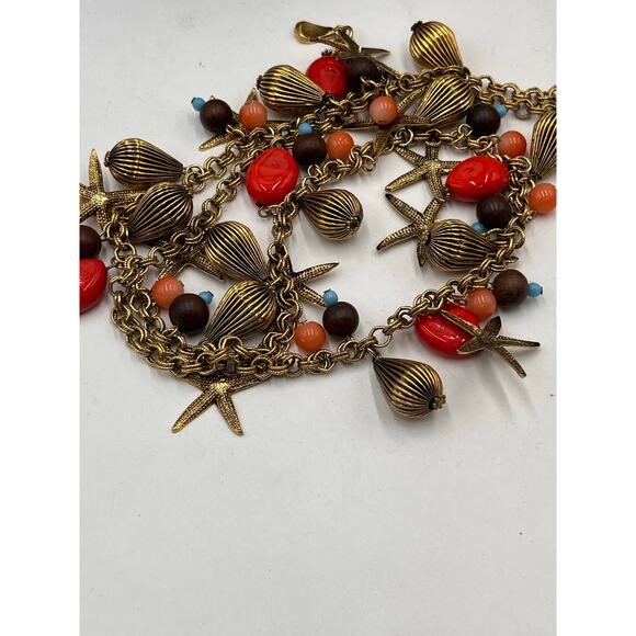 Yochi NY Signed Red Blue Starfish Faux Coral Turquoise Glass Statement Necklace - Picture 9 of 10